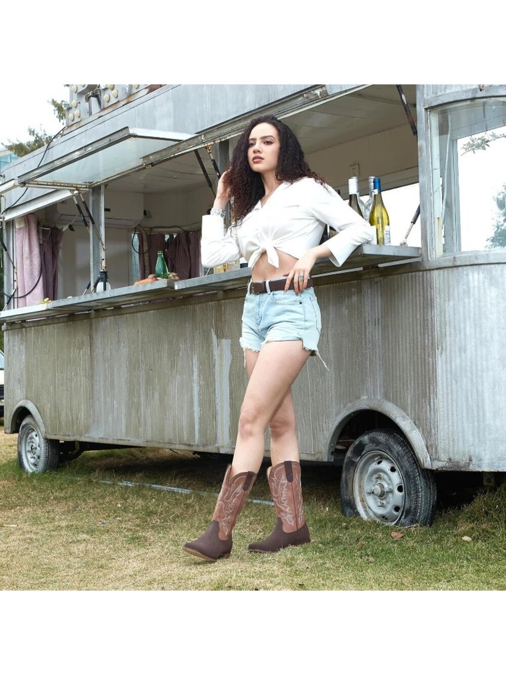 Women's Chocolate Square Toe Mid Calf Cowgirl Boots Embroidered Chunky Heel Boot - Picture 2 of 6